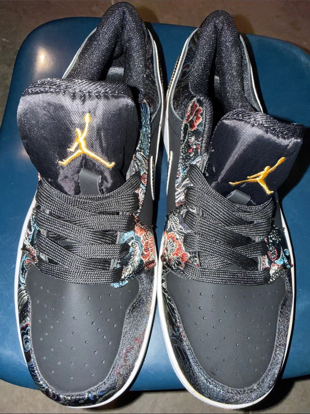 Jordan Men's Black Sneakers with Gold Jumpman and Floral Accents